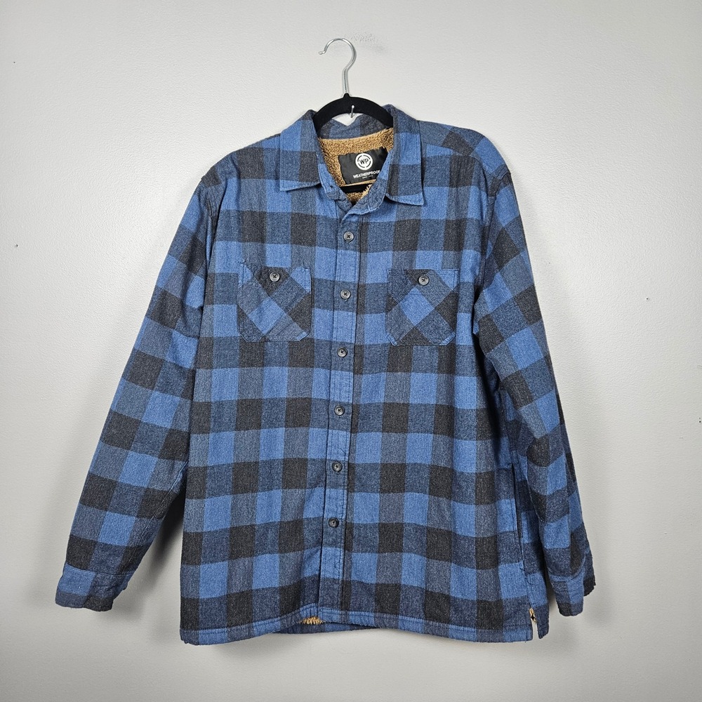 Weatherproof Mens XL Flannel Shirt Jacket Sherpa Lined Buffalo Plaid Blue Black